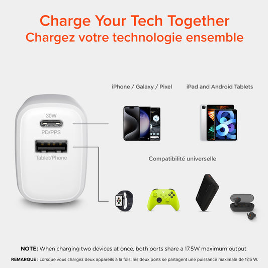 HyperGear 30W Dual Port USB-C PD 30W Max + USB-A 18W Max Wall Charger Hub - White - 15-12233