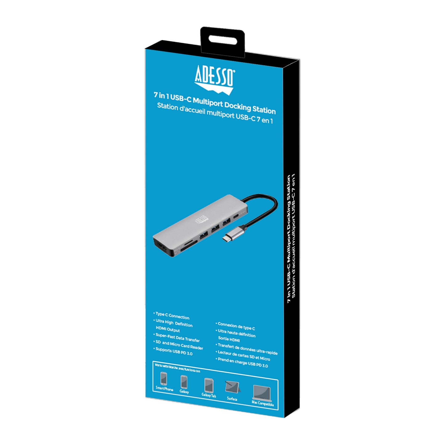 Adesso 7 in 1 Docking Station, USB-C to HDMI, PD, 3 USB-A, Micro SD-SD Card reader - 15-12857