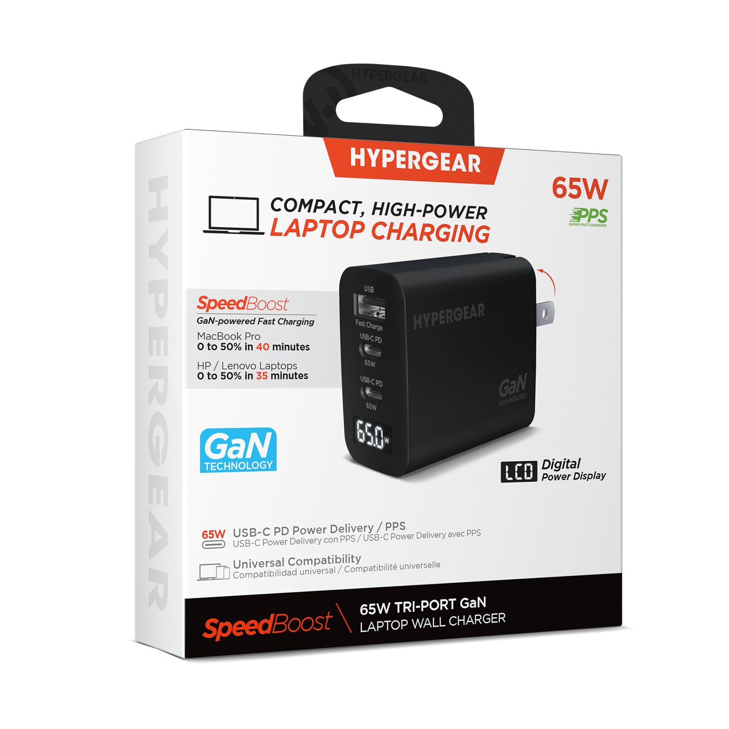 HyperGear 65W Tri Port Dual USB-C + Single USB-A Wall Charger Travel Hub w/ LCD Screen - Black - 15-14024