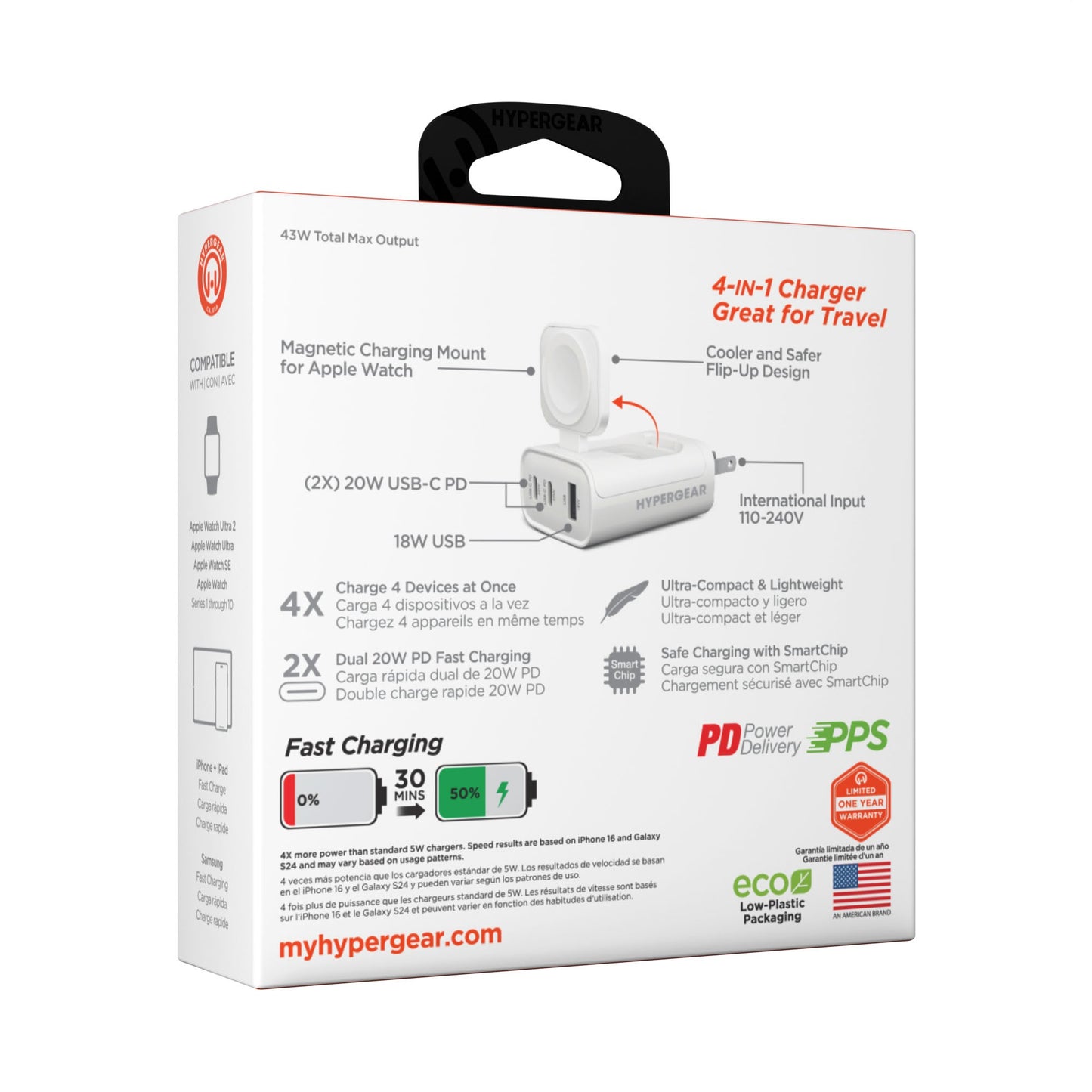 HyperGear 43W Multi-Port Hub w/Apple Watch Charger - White - 15-14069