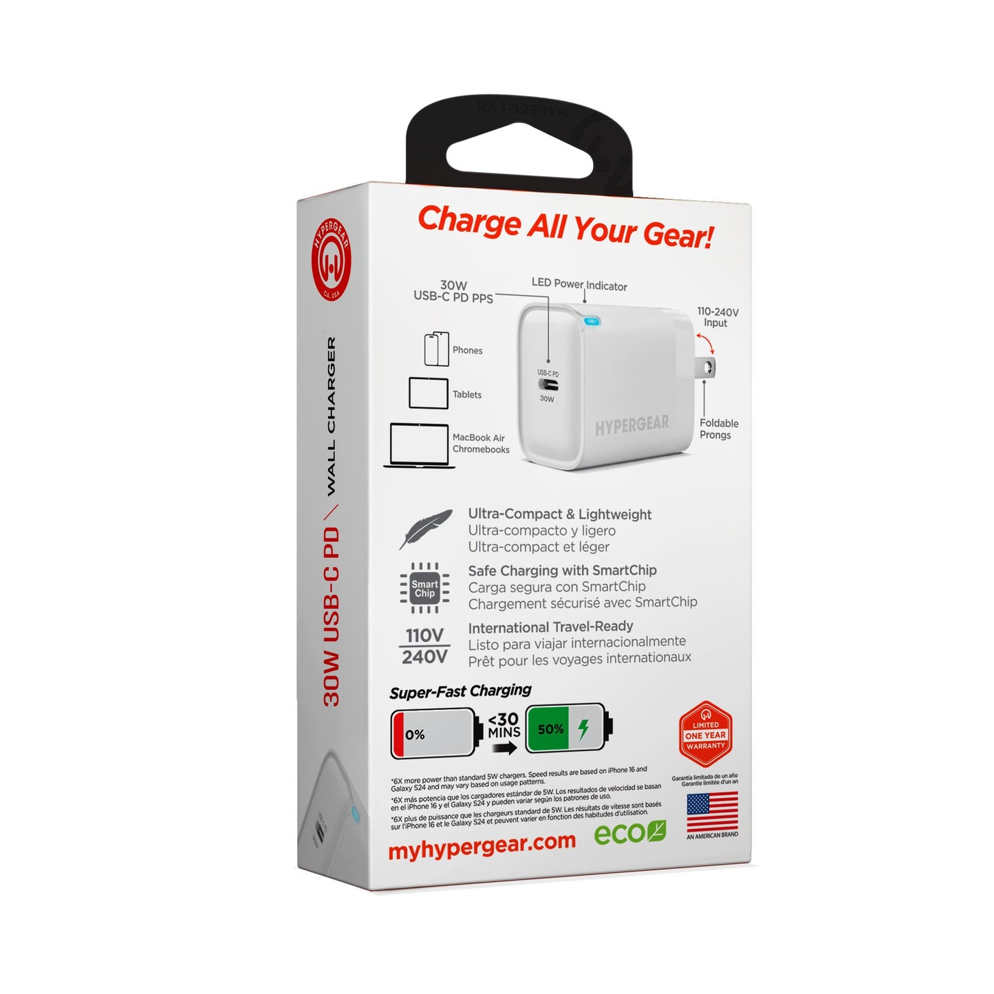 Hypergear 30W USB-C PD Wall Charger Hub w/LED - White - 15-14071