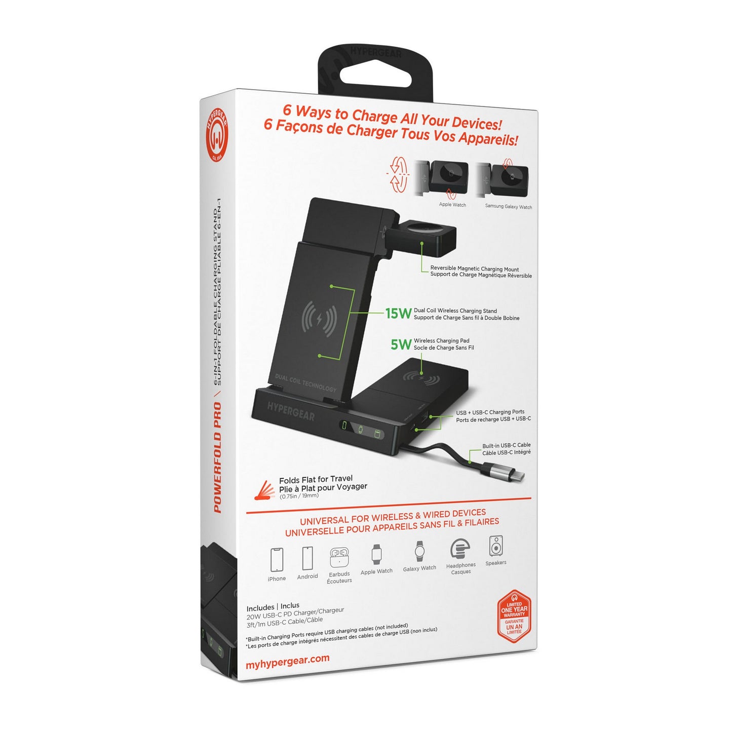 HyperGear 6-in-1 Foldable Wireless Charging Stand Compatible with Samsung & Apple Watch - 15-14278