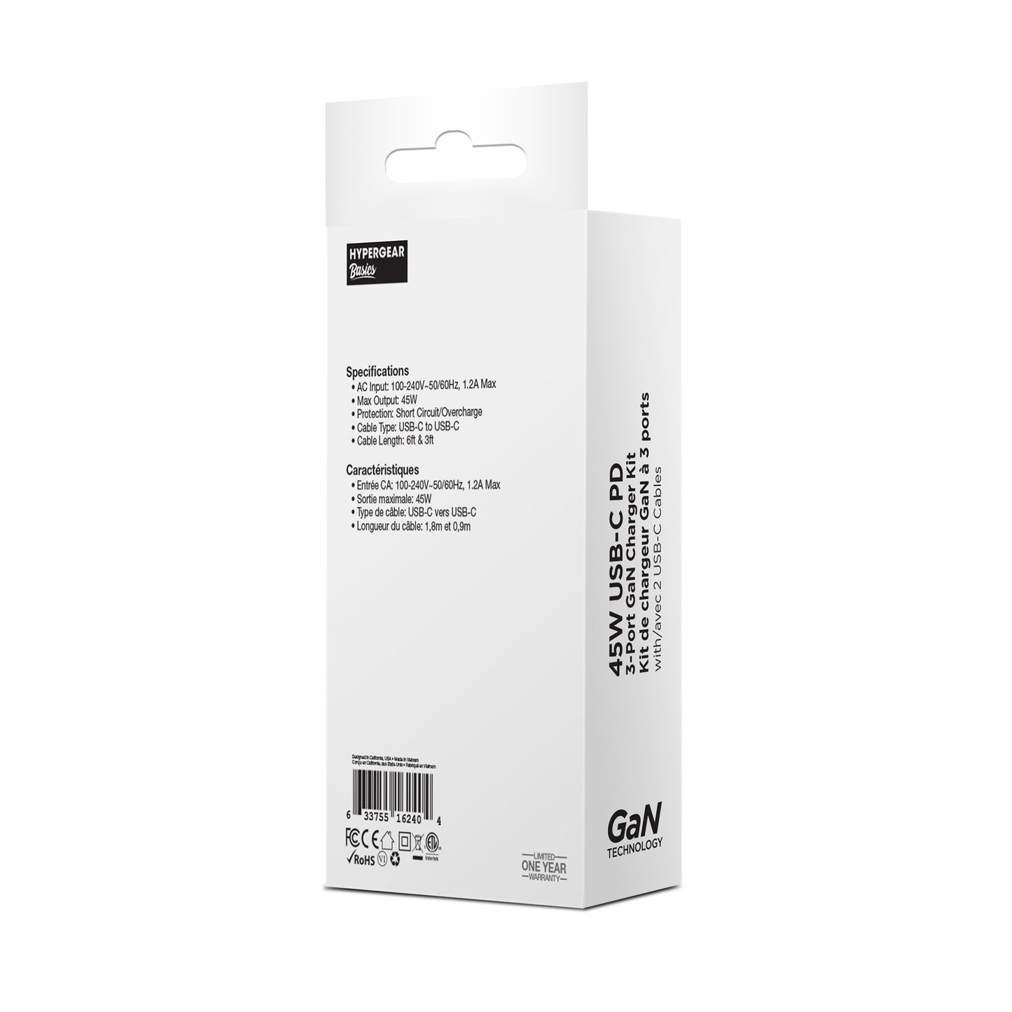 HyperGear 45W Tri-Port Dual USB-C + Single USB-A Wall Charger w/6ft+3ft USB-C to USB-C Cable - White - 15-14304