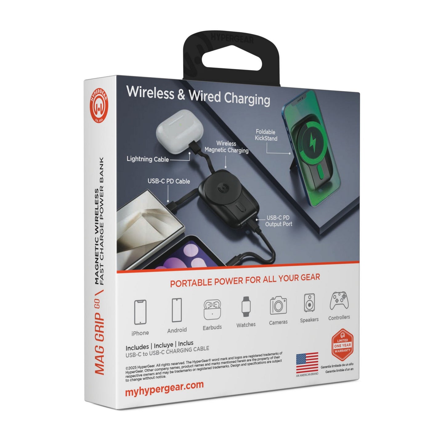 Hypergear 5000mAh Mag Grip Go Wireless Charging Portable Power Bank w/built in cable - Black - 15-14426