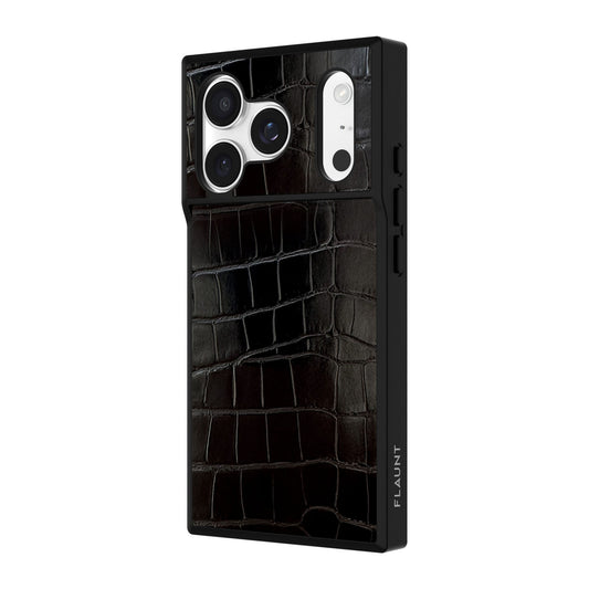 iPhone 18 Pro/17 Pro FLAUNT Square Faux Leather MagSafe Case - Black Crocodile - 15-14591