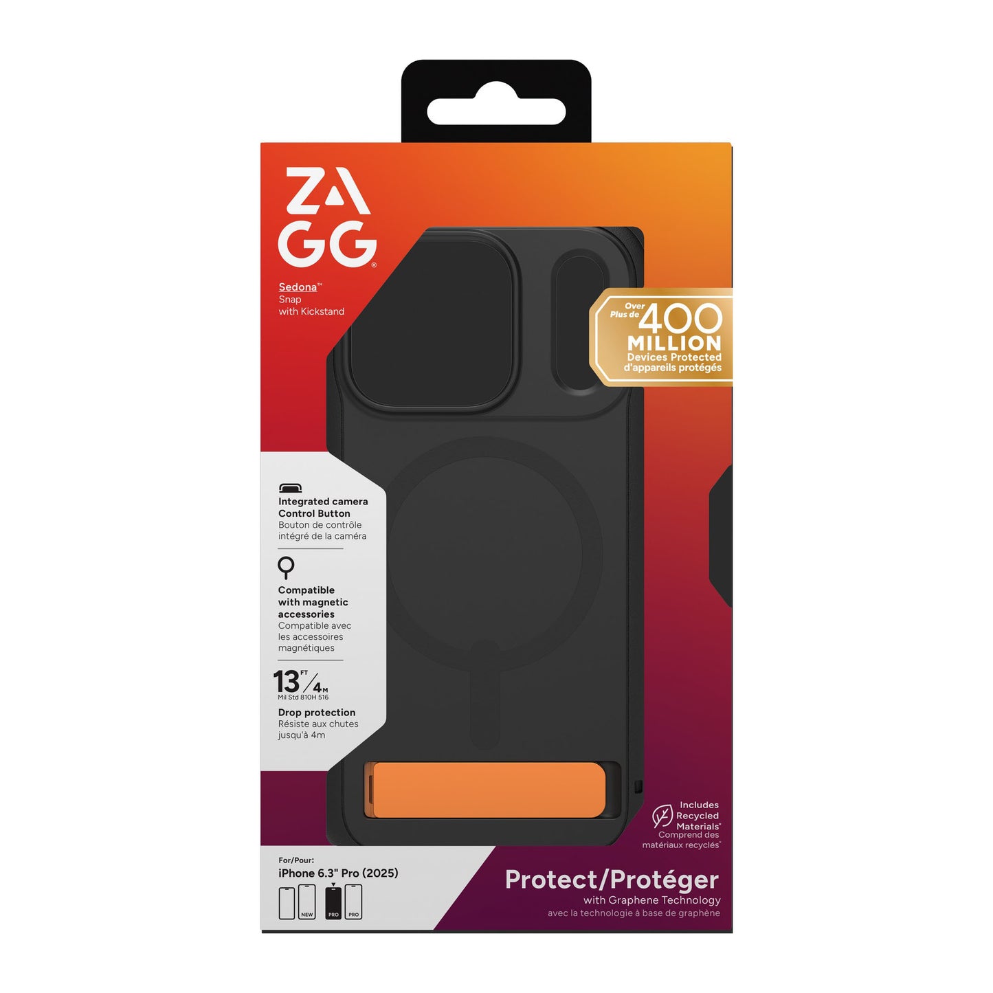 iPhone 18 Pro/17 Pro ZAGG Graphene Sedona Snap Kickstand Case - Flood Black/Orange - 15-14714
