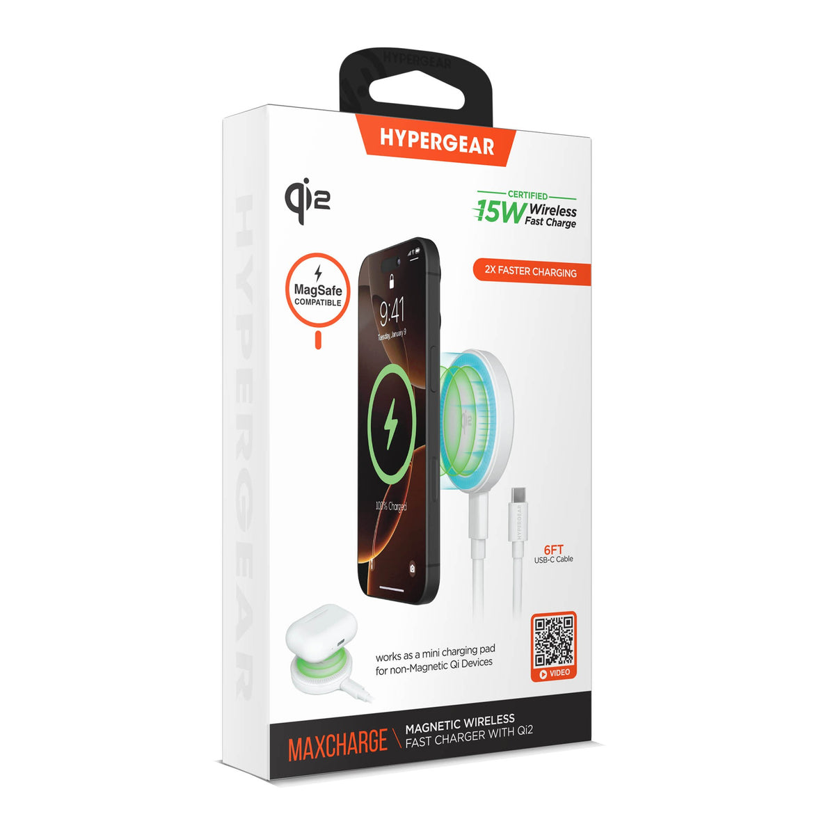 Hypergear 15W Qi2 MaxCharge MagSafe Wireless Magnetic Charger w/ Connected USB-C PD Cable - 15-15451