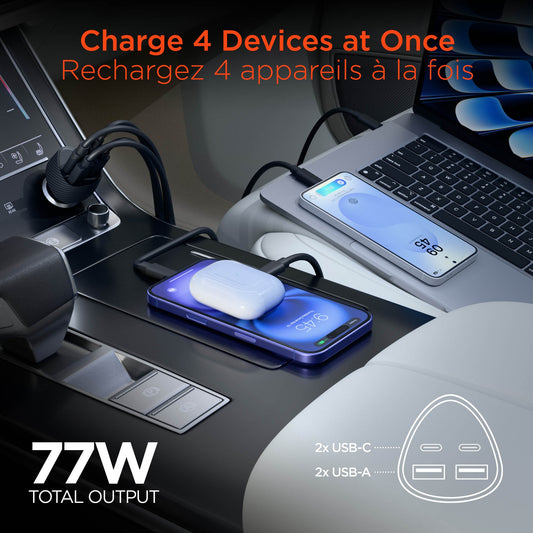 HyperGear SpeedBoost 77W Quad Port Dual USB-C+ Dual USB-A CLA Fast Car Charger - Black - 15-15452