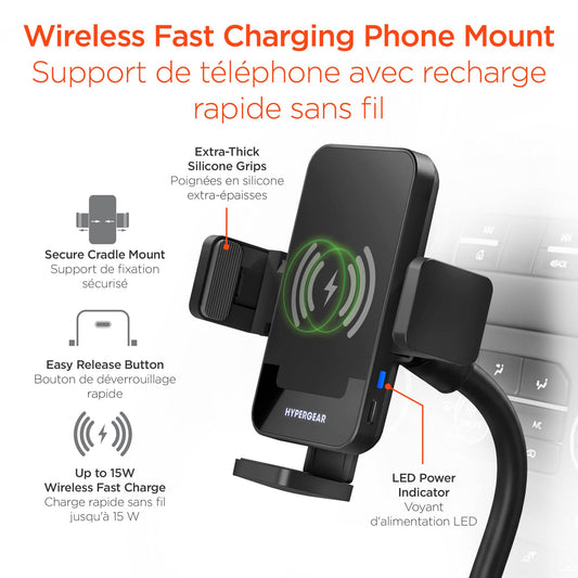 HyperGear EZ Grip 15W Wireless Fast Charging Cup Holder Phone Mount - Black - 15-15759