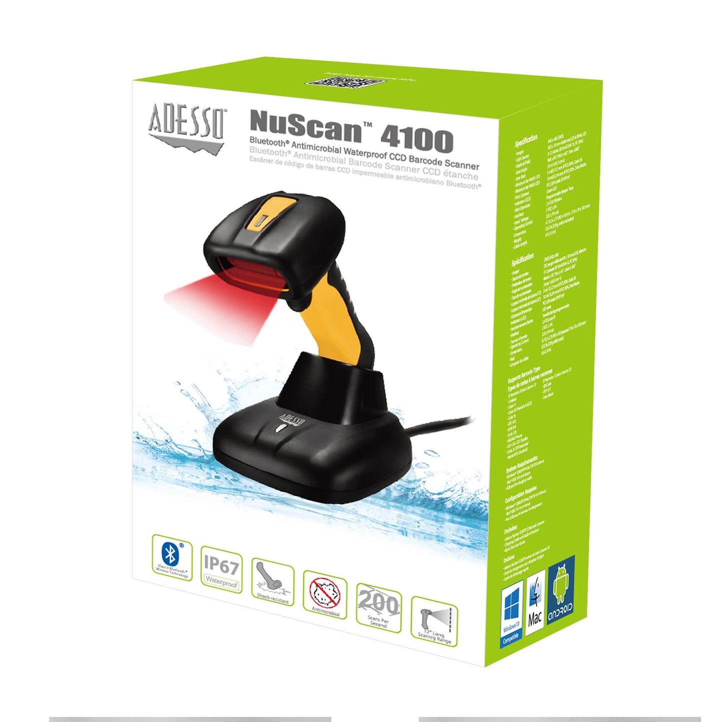 Adesso Bluetooth Antimicrobial Waterproof CCD Barcode Scanner - 15-15812