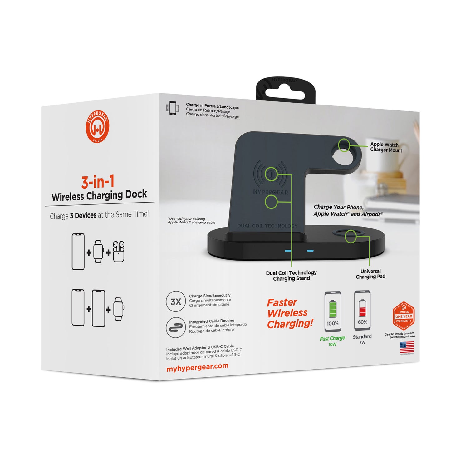Hypergear 20W Black 3-in-1 Wireless Charging Dock for Phone, Watch & Wireless Headphones - 15-08213