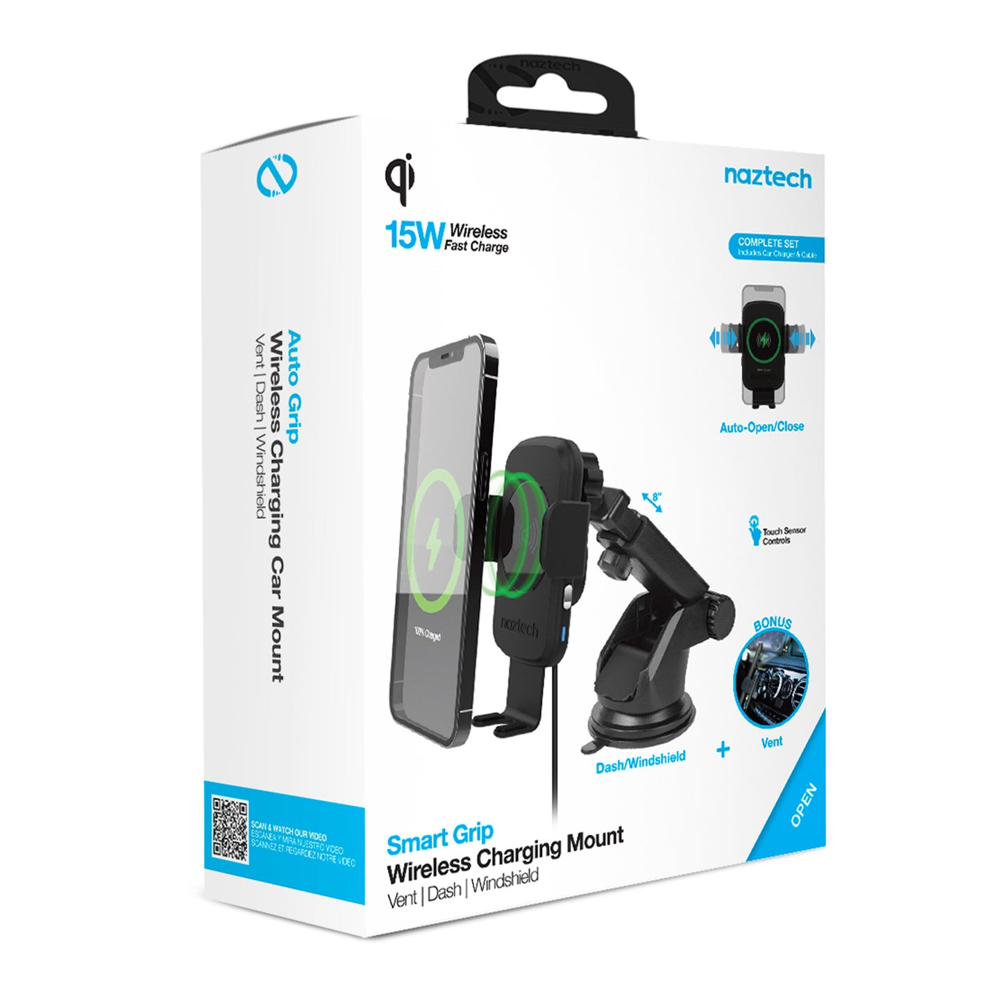 Naztech 15W Black Smart Grip Wireless Charging Car Mount w/ Vent Mount & Suction Mount - 15-09075