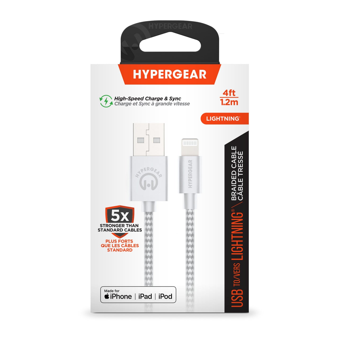 HyperGear 4 ft. (120cm) USB-A to Lightning Braided Charge and Sync Cable - White - 15-11214