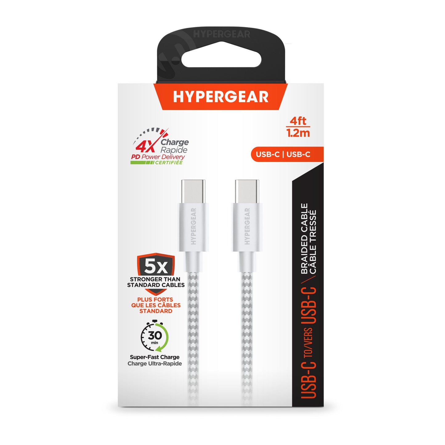 HyperGear 4 ft. (120cm) USB-C to USB-C Braided Charge and Sync Cable - White - 15-11217