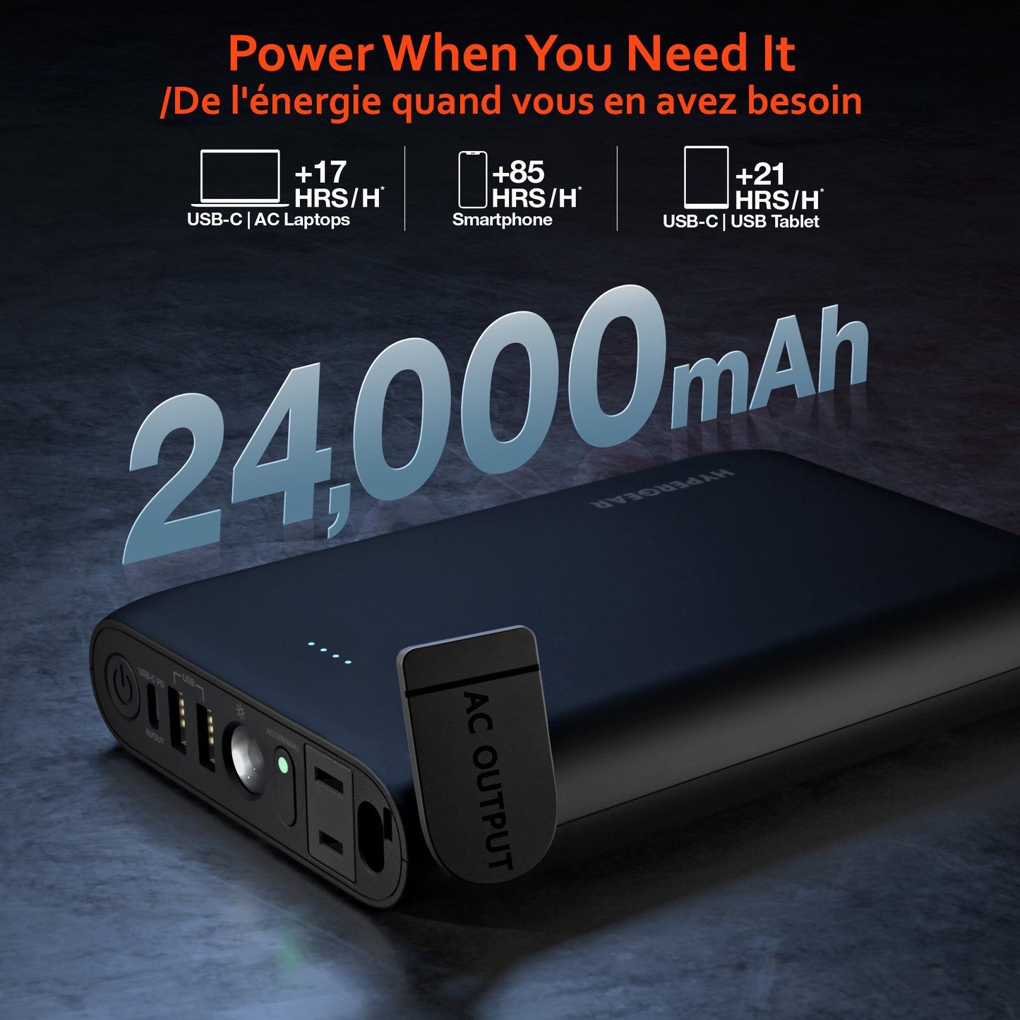 HyperGear 24,000mAh 65W USB-C & A/C Outlet Power Brick Laptop Power Bank - 15-12406