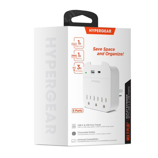 HyperGear Multi Plug 5 Outlet Extender with USB-C & USB Ports - White - 15-12481