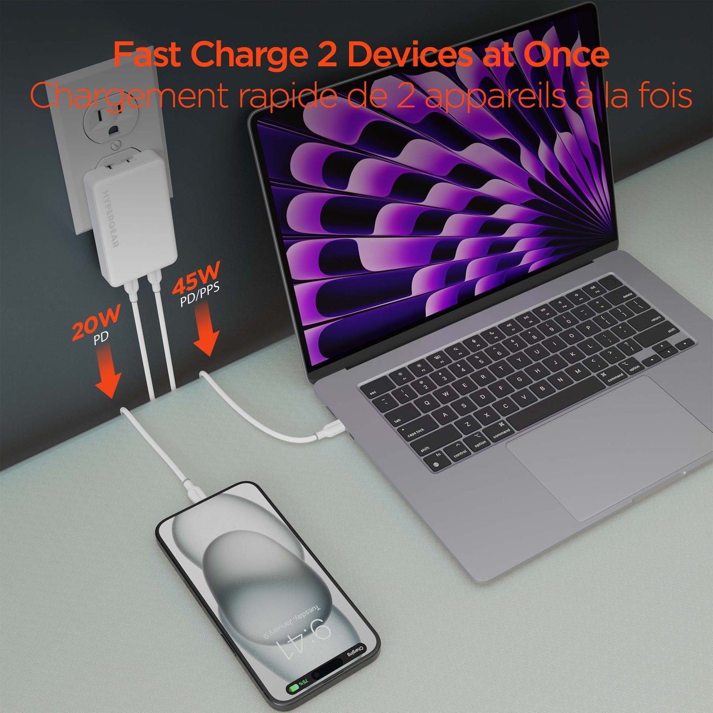 HyperGear 65W Flat Ultra-Slim Dual Port USB-C Wall Travel Charger w/ Folding Prongs - 15-13158