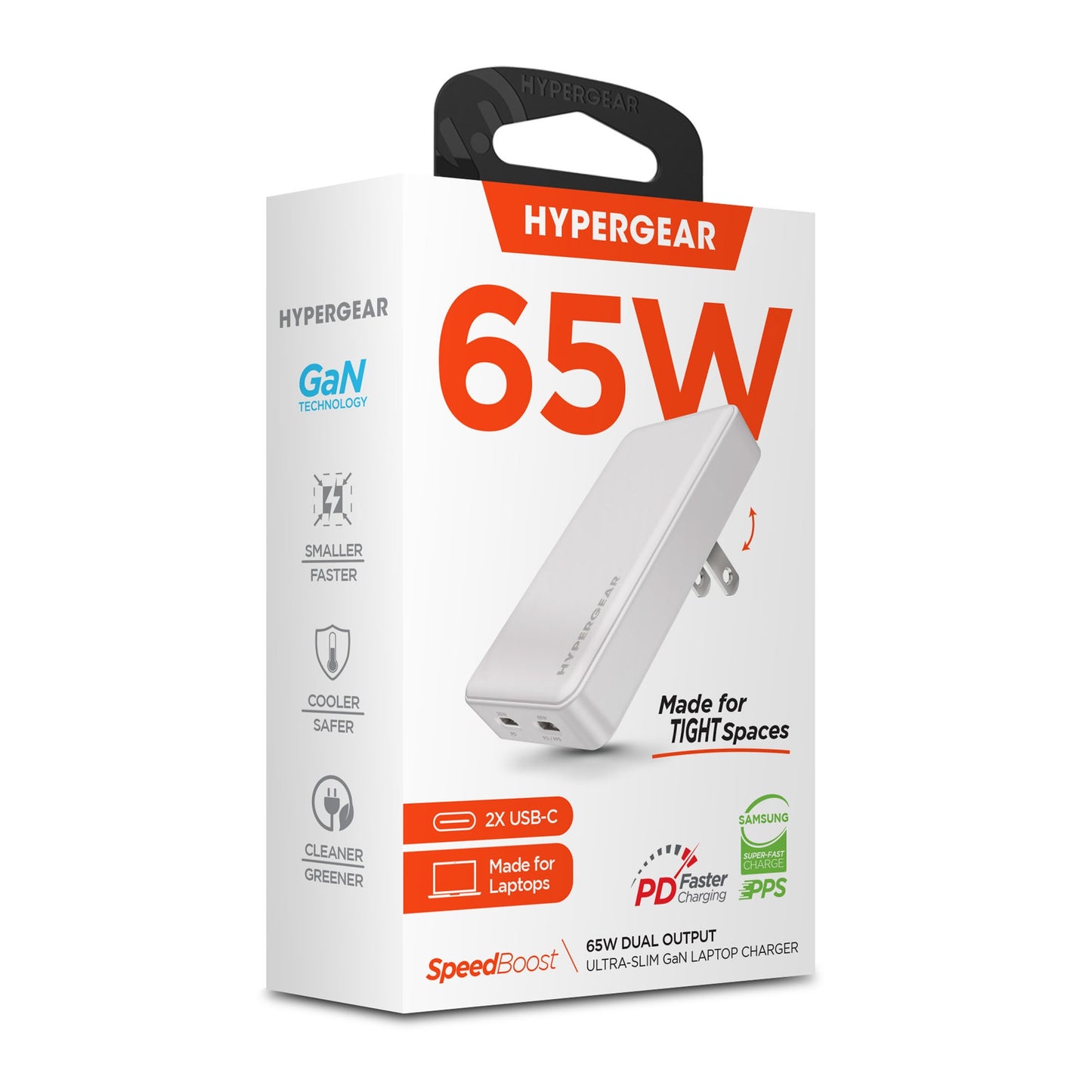 HyperGear 65W Flat Ultra-Slim Dual Port USB-C Wall Travel Charger w/ Folding Prongs - 15-13158