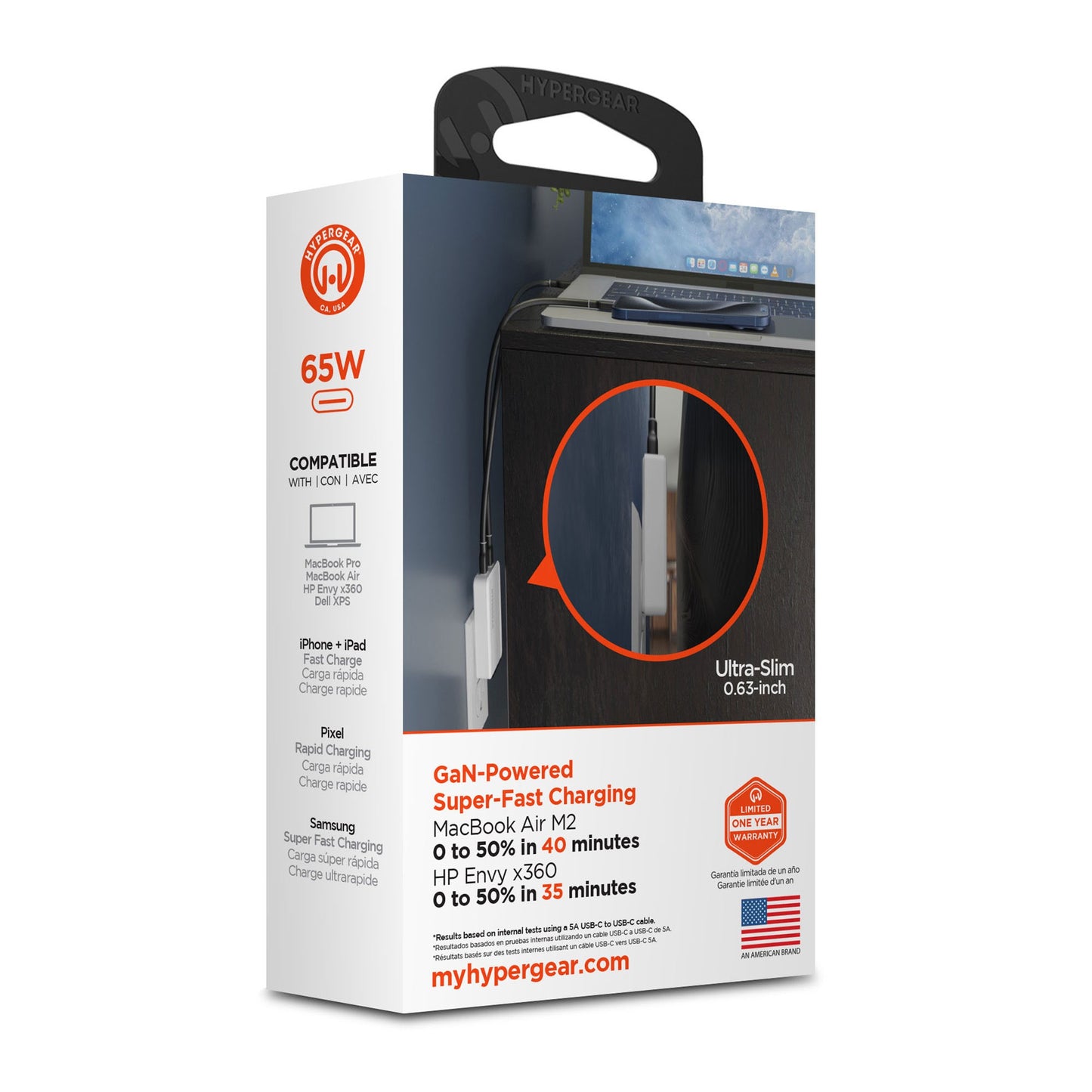 HyperGear 65W Flat Ultra-Slim Dual Port USB-C Wall Travel Charger w/ Folding Prongs - 15-13158