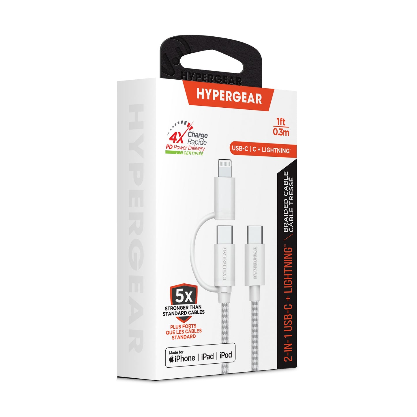 HyperGear 1 ft. 30cm 2-in-1 USB-C to USB-C + USB-C to Lightning Braided Charge and Sync Cable - 15-13655