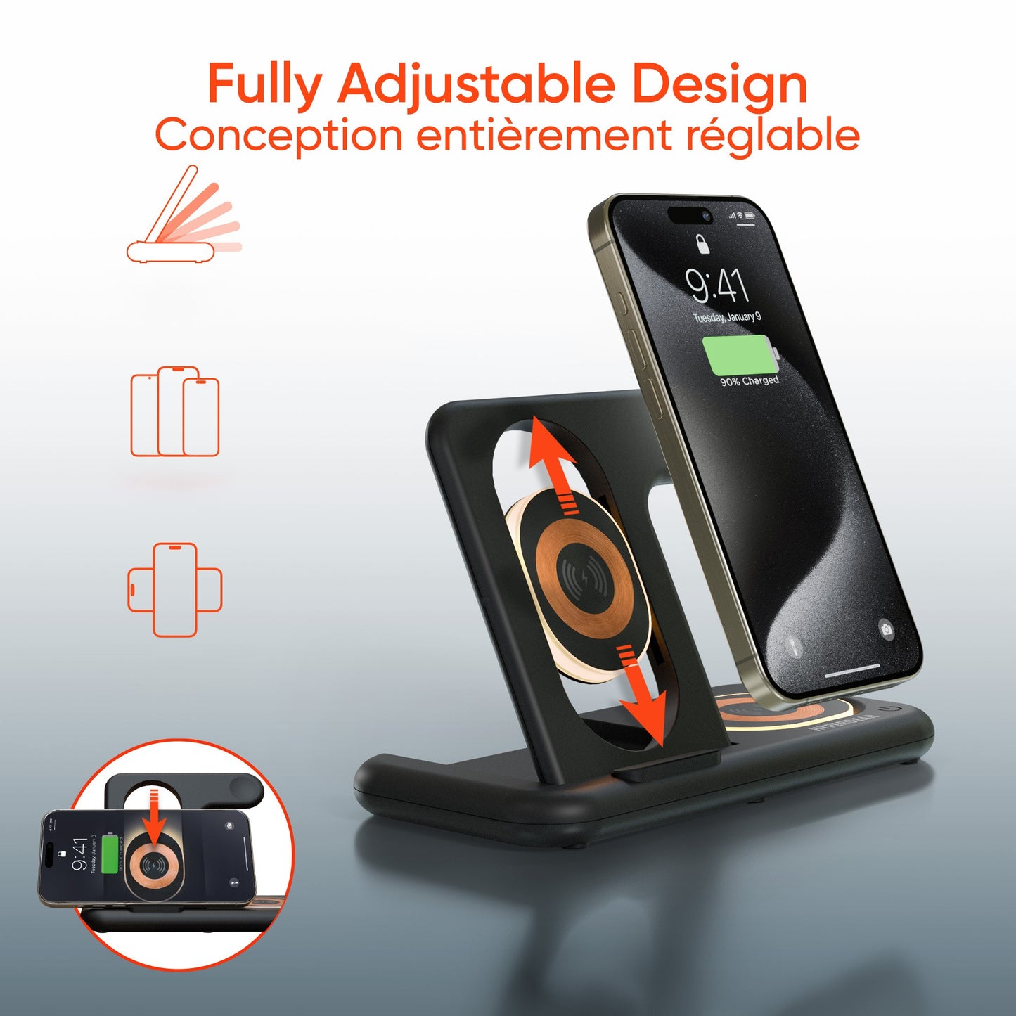 HyperGear PowerFold X-Ray 4-in-1 Foldable Wireless Charging Stand with 15W Wireless Fast Charge - 15-13736