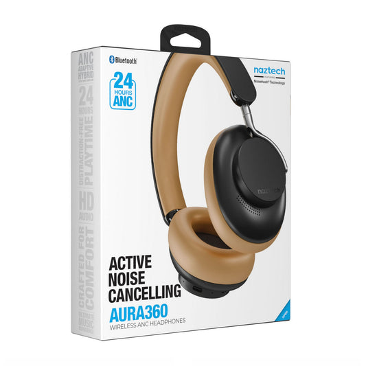 Naztech Aura 360 ANC Wireless Noise Cancelling Over-the-Ear Headphones - Black/Brown - Vintage - 15-13862