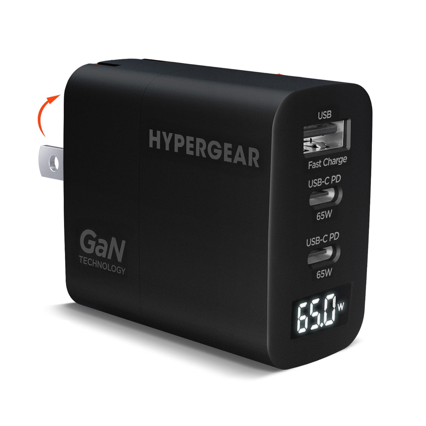 HyperGear 65W Tri Port Dual USB-C + Single USB-A Wall Charger Travel Hub w/ LCD Screen - Black - 15-14024