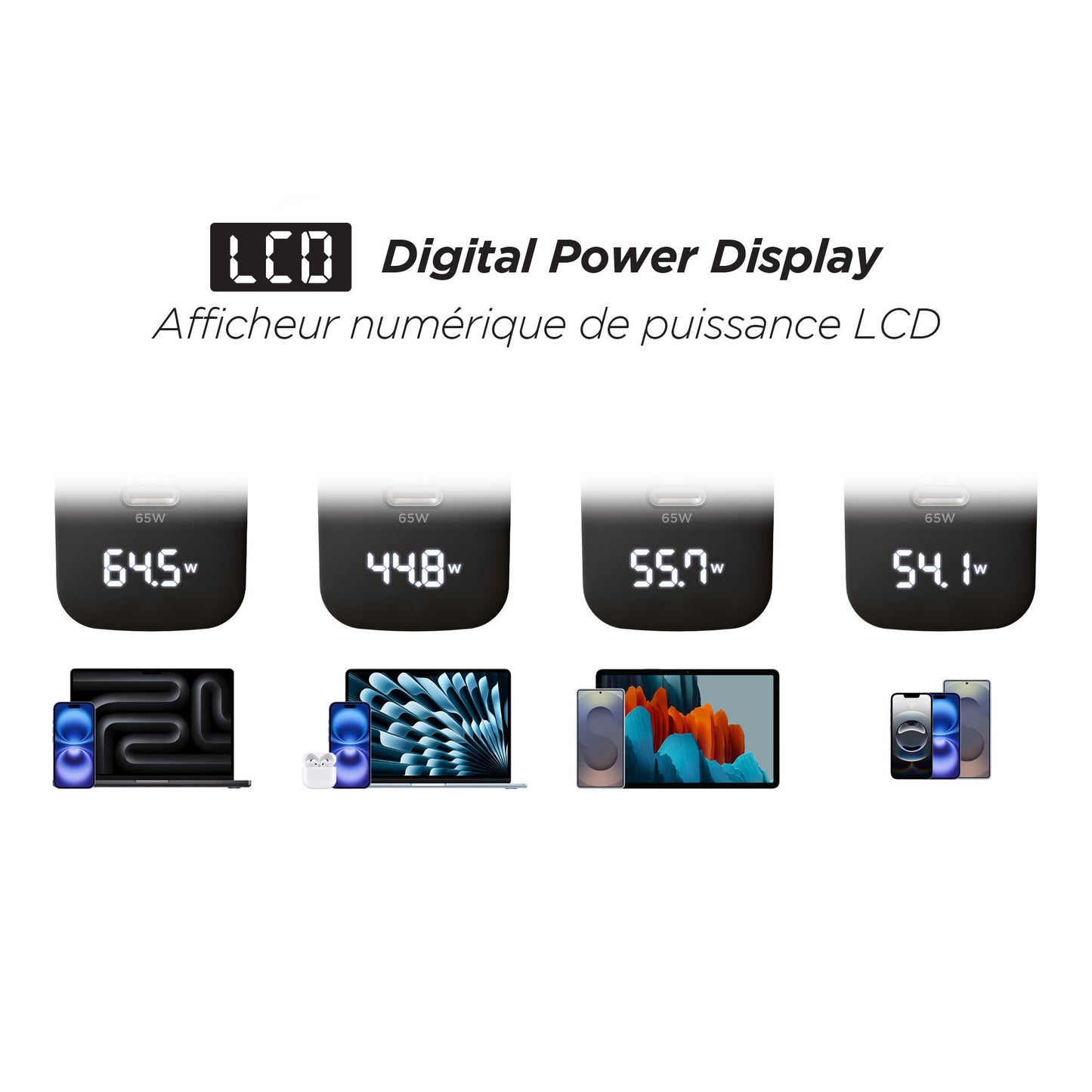 HyperGear 65W Tri Port Dual USB-C + Single USB-A Wall Charger Travel Hub w/ LCD Screen - Black - 15-14024