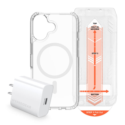 iPhone 16 HyperGear Accessory Bundle - 20W Hub, Glass, Case w/ Magsafe - 15-14034