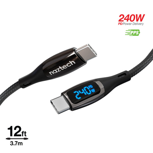 Naztech 12 ft DigiWATT 240W USB-C to USB-C Digital Fast Charge Cable with LED Power Display - 15-14055