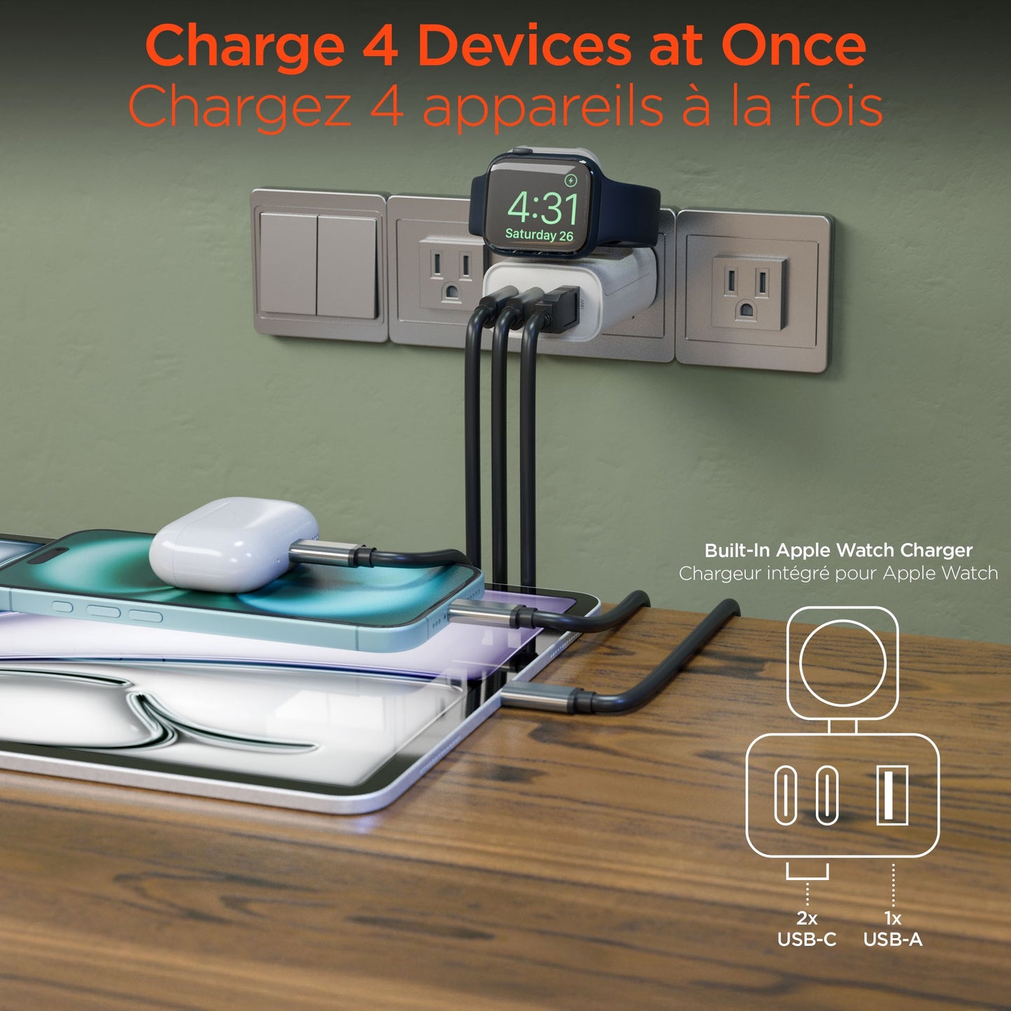 HyperGear 43W Multi-Port Hub w/Apple Watch Charger - White - 15-14069