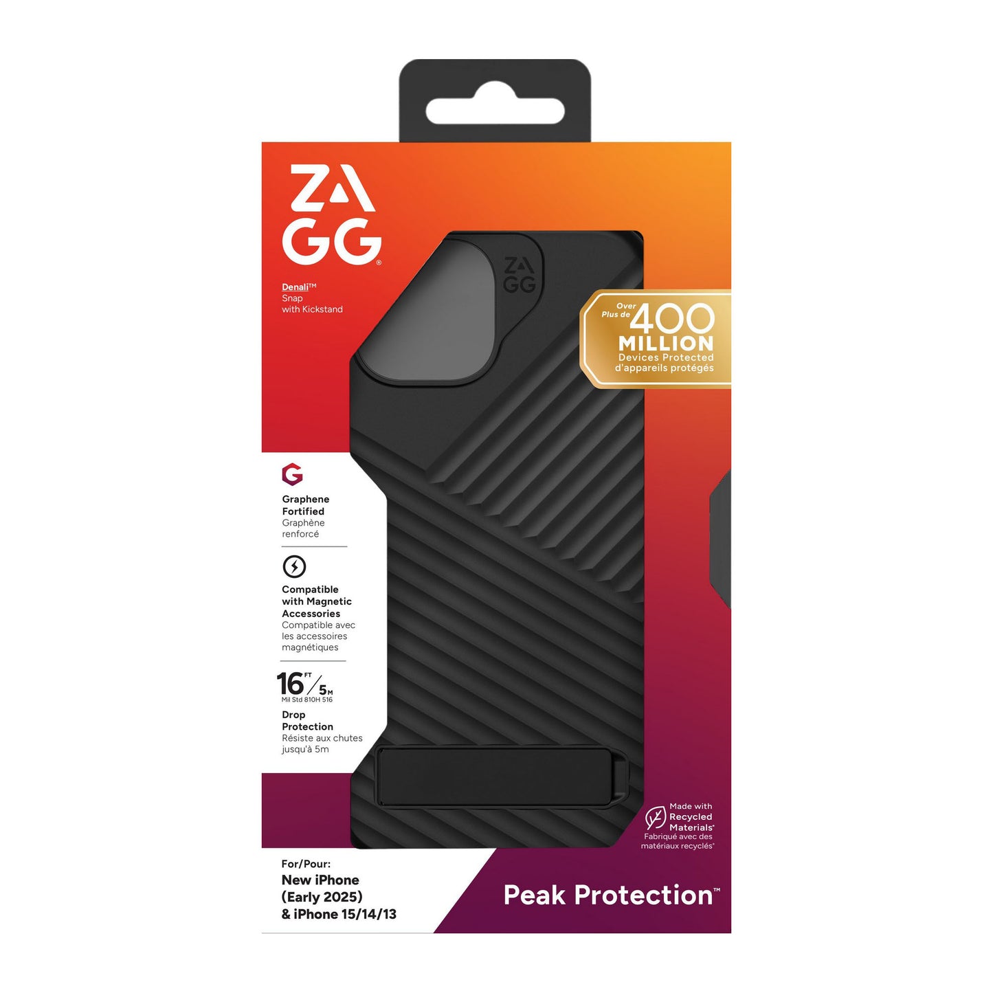 iPhone 16e/15/14/13 ZAGG Graphene Denali Snap Kickstand Case - Black - 15-14115