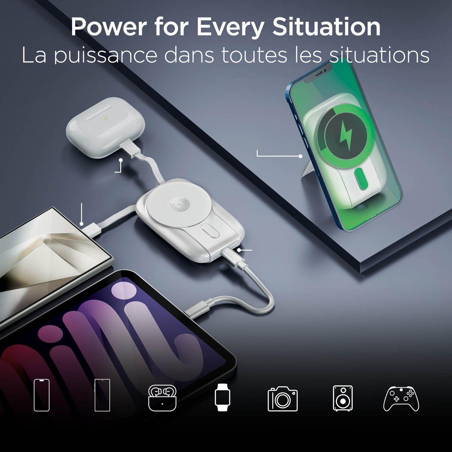 Hypergear 5000mAh Mag Grip Go Wireless Charging Portable Power Bank w/built in cable - White - 15-14281