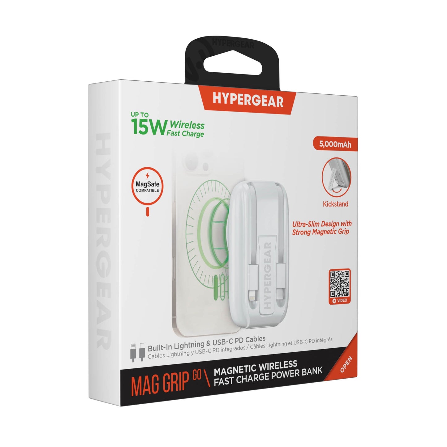 Hypergear 5000mAh Mag Grip Go Wireless Charging Portable Power Bank w/built in cable - White - 15-14281