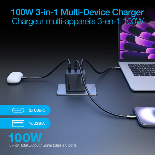 Naztech 100W Nexus T100 Multi-Port GaN Dual USB-C + USB-A Wall Charger w/ Folding Prongs - 15-14289