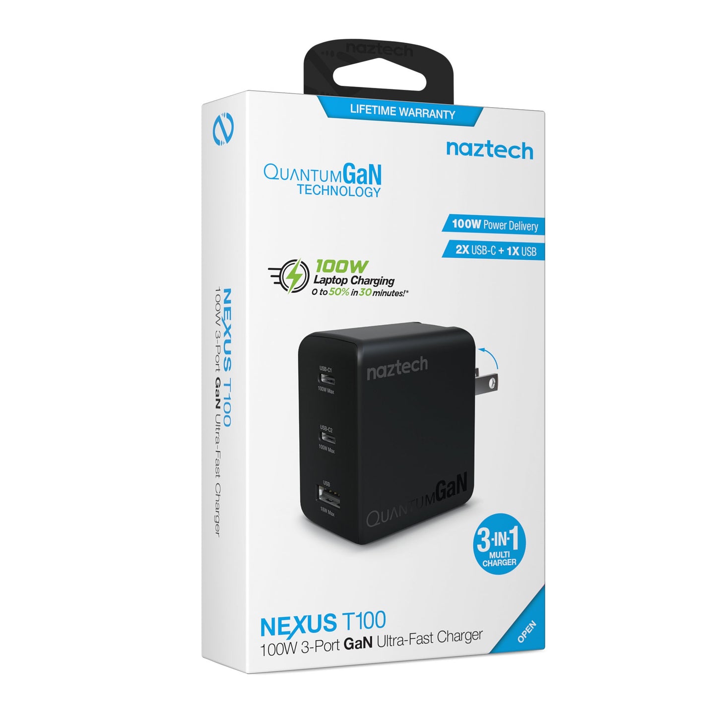 Naztech 100W Nexus T100 Multi-Port GaN Dual USB-C + USB-A Wall Charger w/ Folding Prongs - 15-14289
