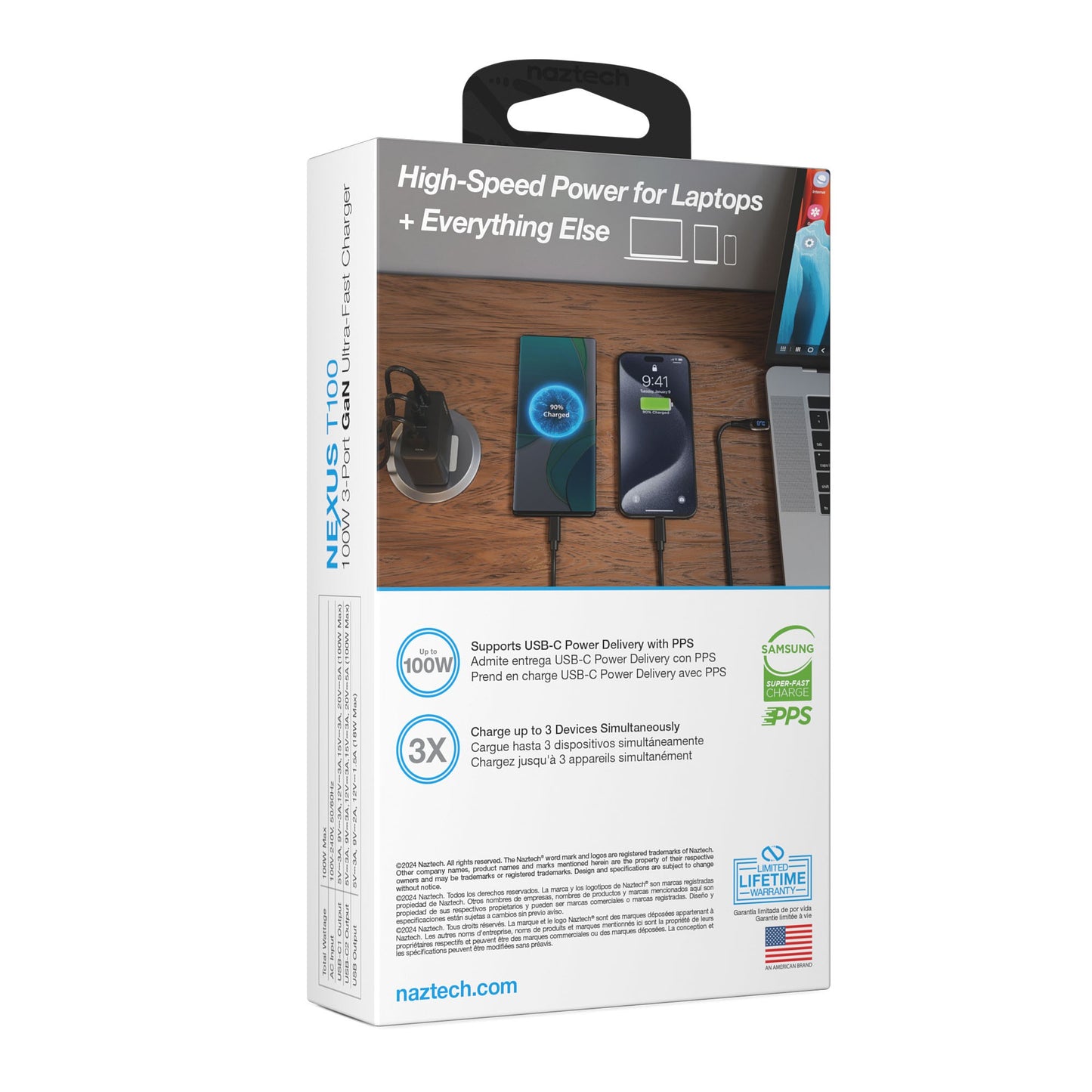 Naztech 100W Nexus T100 Multi-Port GaN Dual USB-C + USB-A Wall Charger w/ Folding Prongs - 15-14289