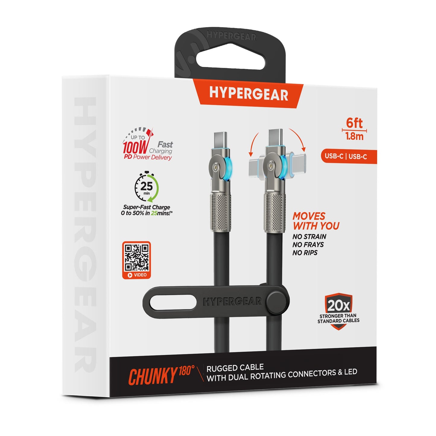 HyperGear 6 ft. 180cm USB-C to USB-C Chunky 180 Rugged Cable w/Rotating Connectors - Black - 15-14295