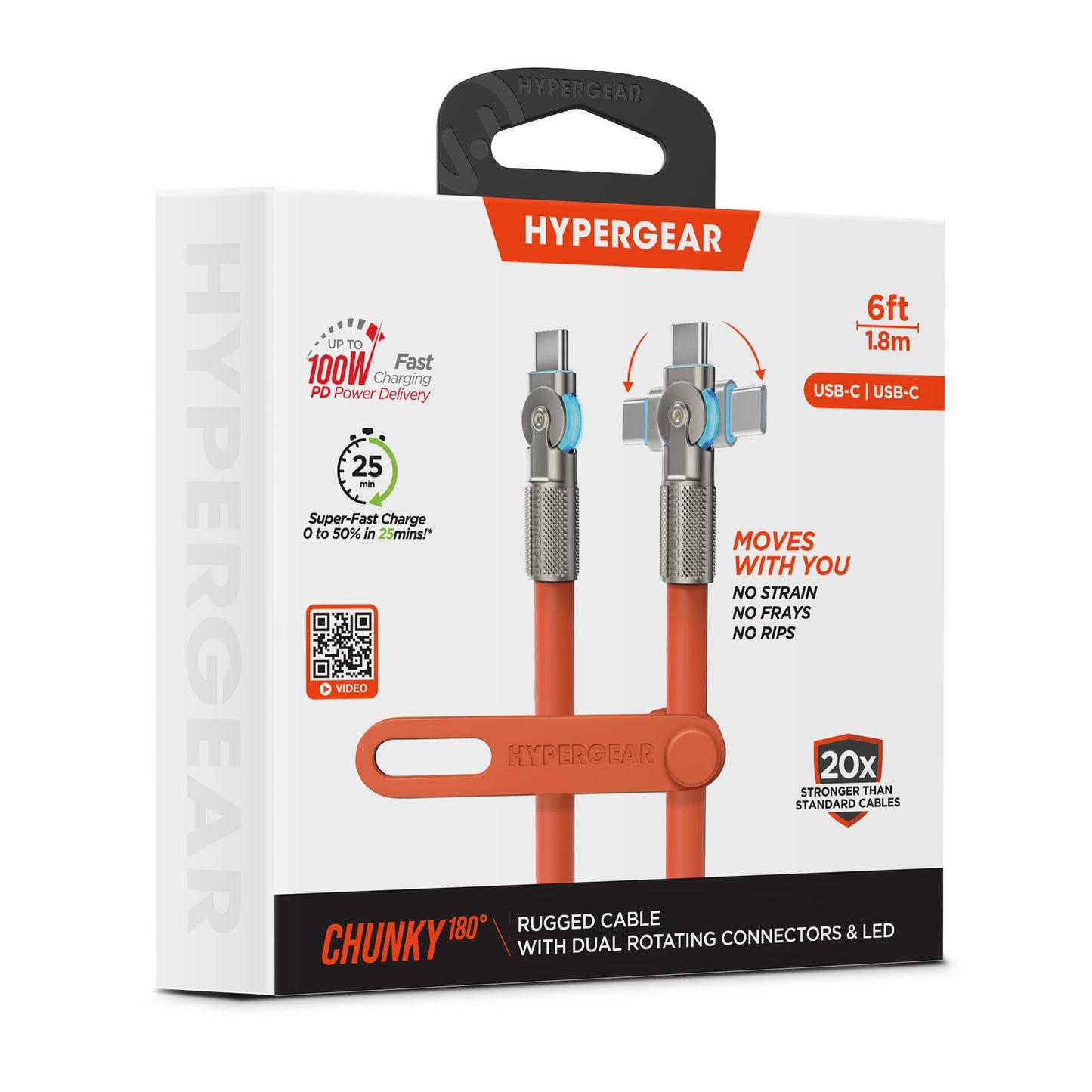 HyperGear 6 ft. 180cm USB-C to USB-C Chunky 180 Rugged Cable w/Rotating Connectors - Orange - 15-14297