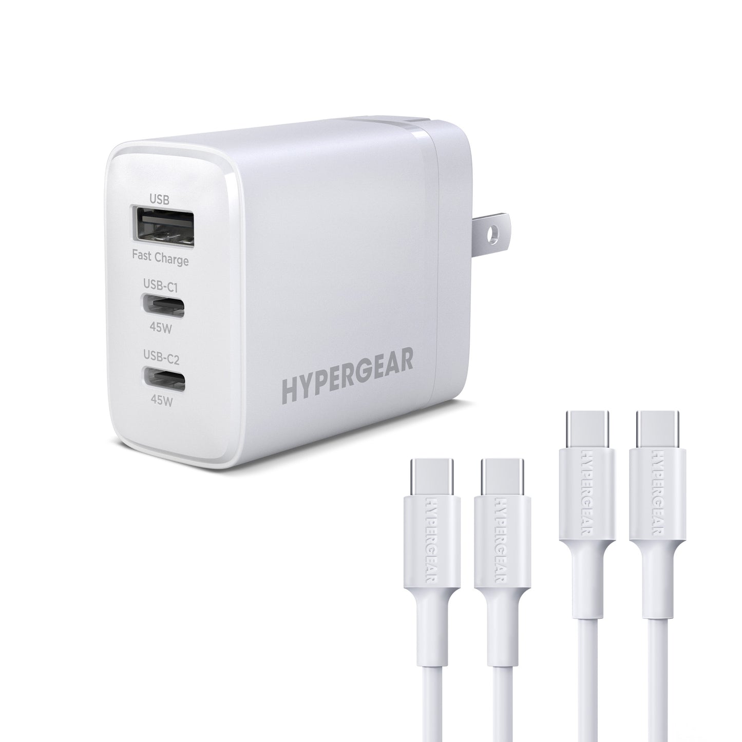 HyperGear 45W Tri-Port Dual USB-C + Single USB-A Wall Charger w/6ft+3ft USB-C to USB-C Cable - White - 15-14304
