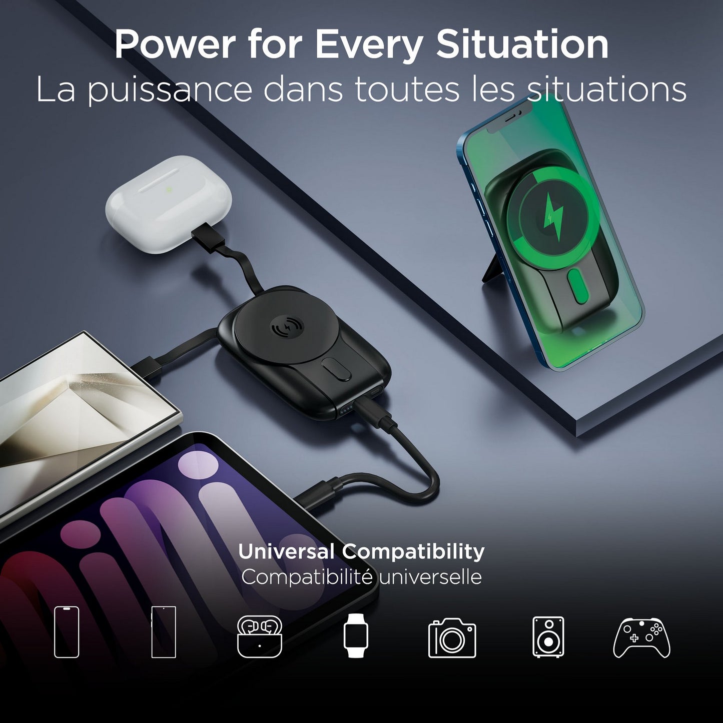 Hypergear 5000mAh Mag Grip Go Wireless Charging Portable Power Bank w/built in cable - Black - 15-14426