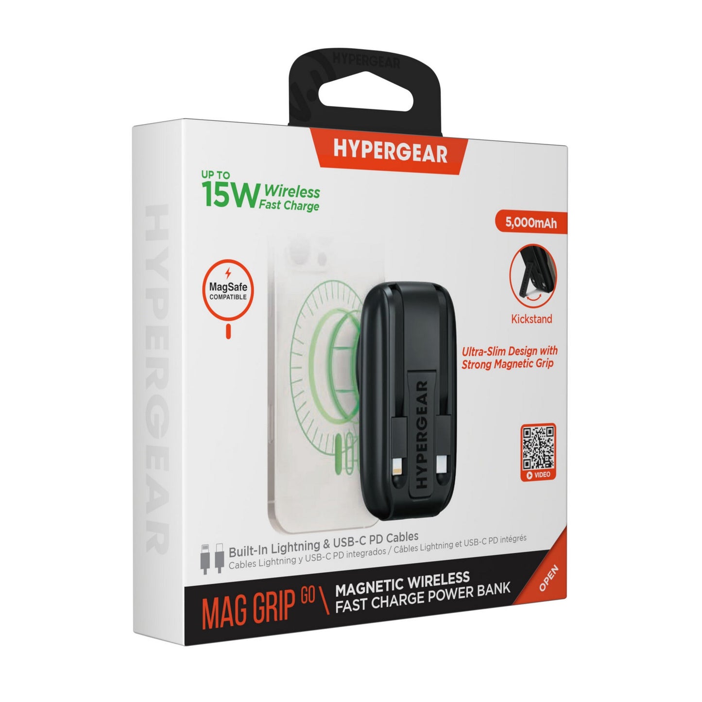 Hypergear 5000mAh Mag Grip Go Wireless Charging Portable Power Bank w/built in cable - Black - 15-14426