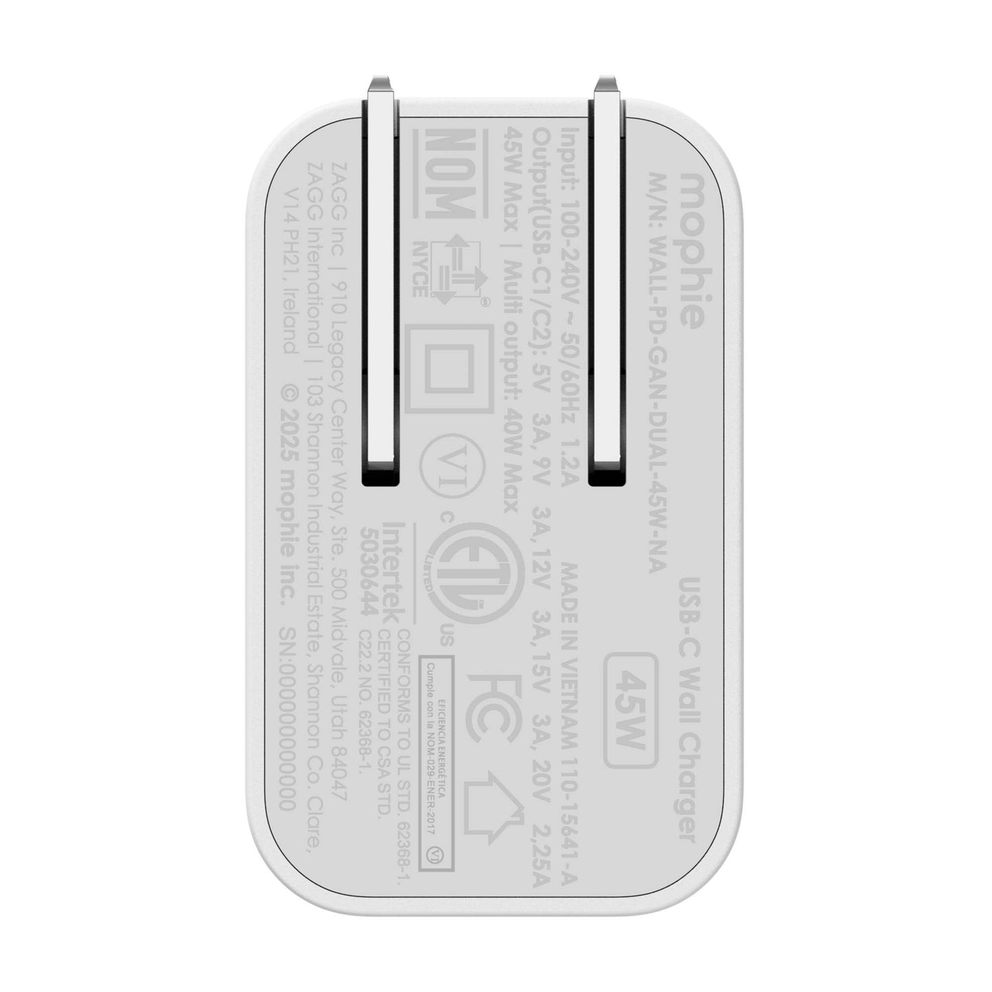 Mophie Speedport 45W Dual USB-C Wall Charger - White - 15-15068