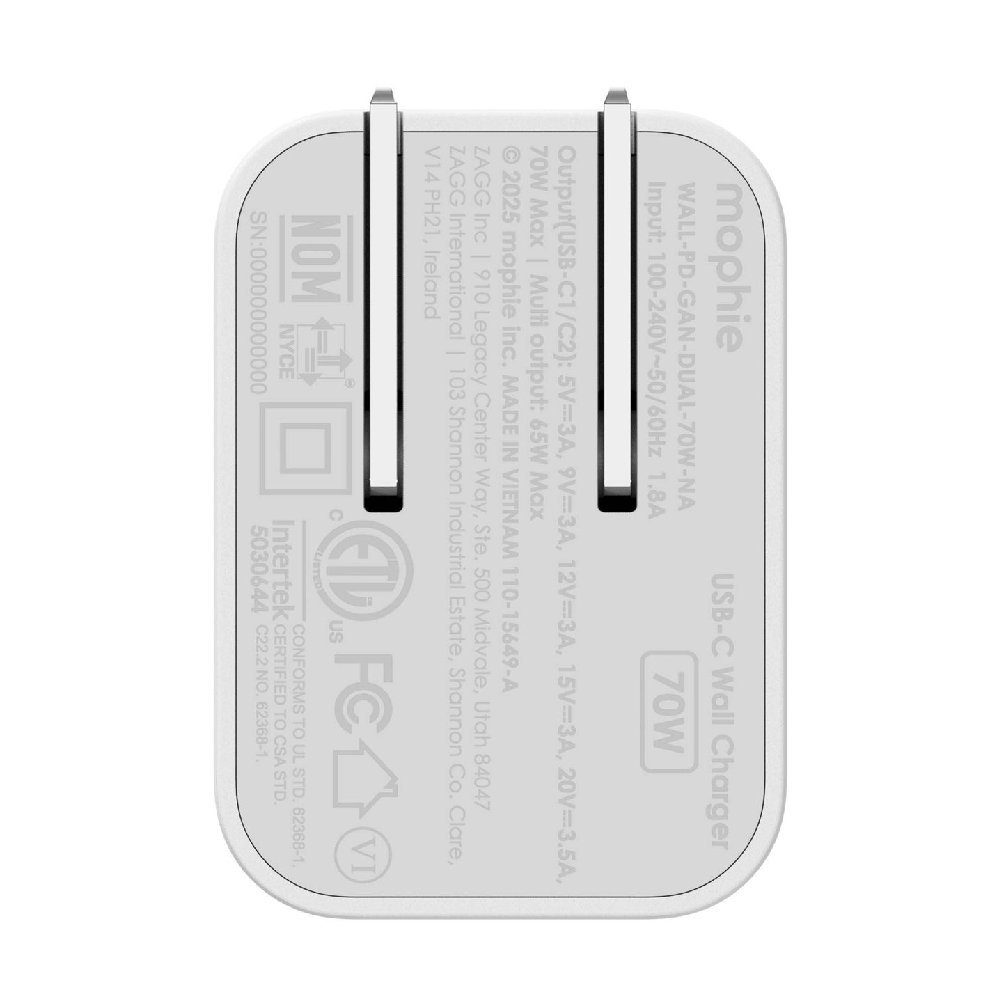 Mophie Speedport 70W Dual USB-C Wall Charger - White - 15-15070