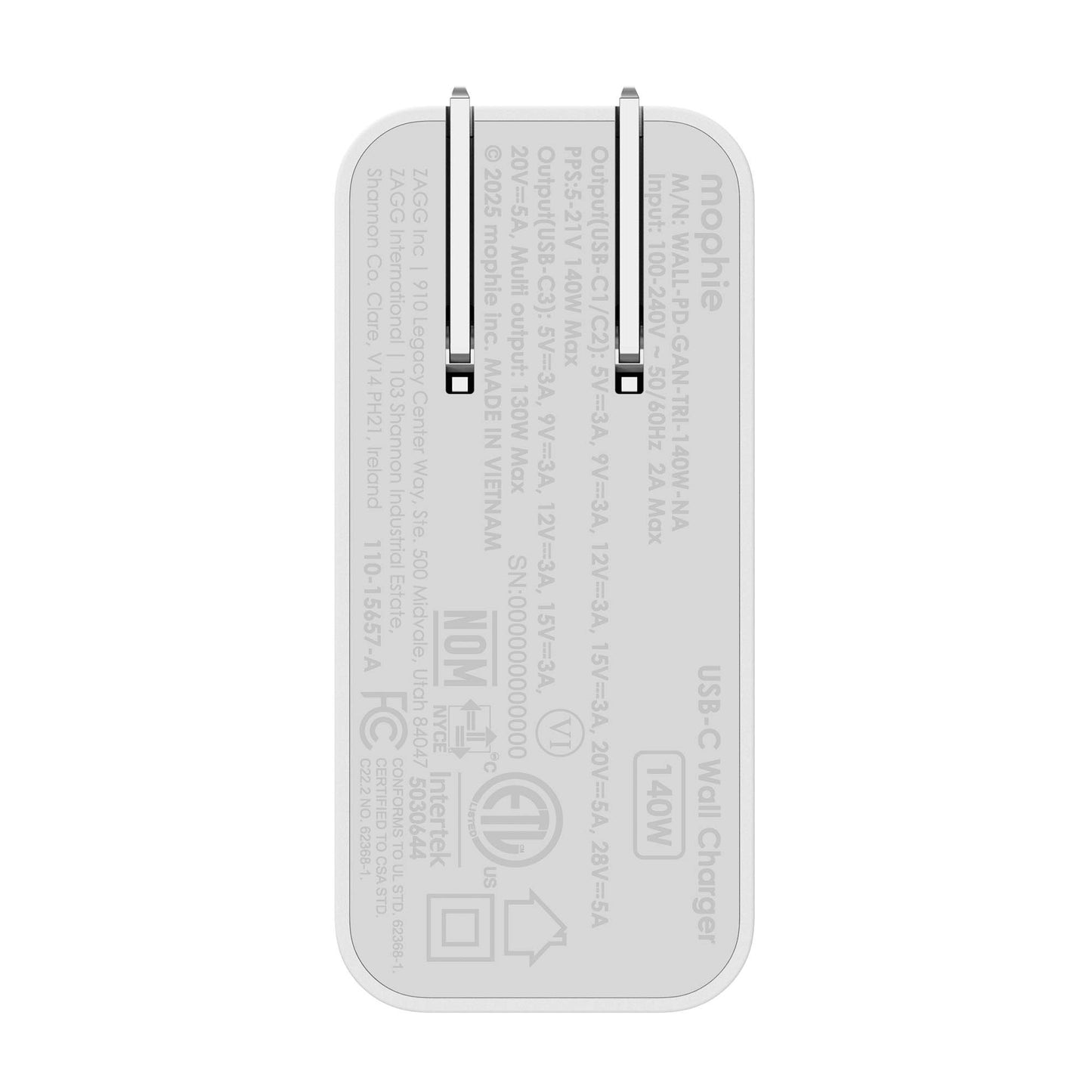 Mophie Speedport 140W Tri USB-C Wall Charger - White - 15-15072