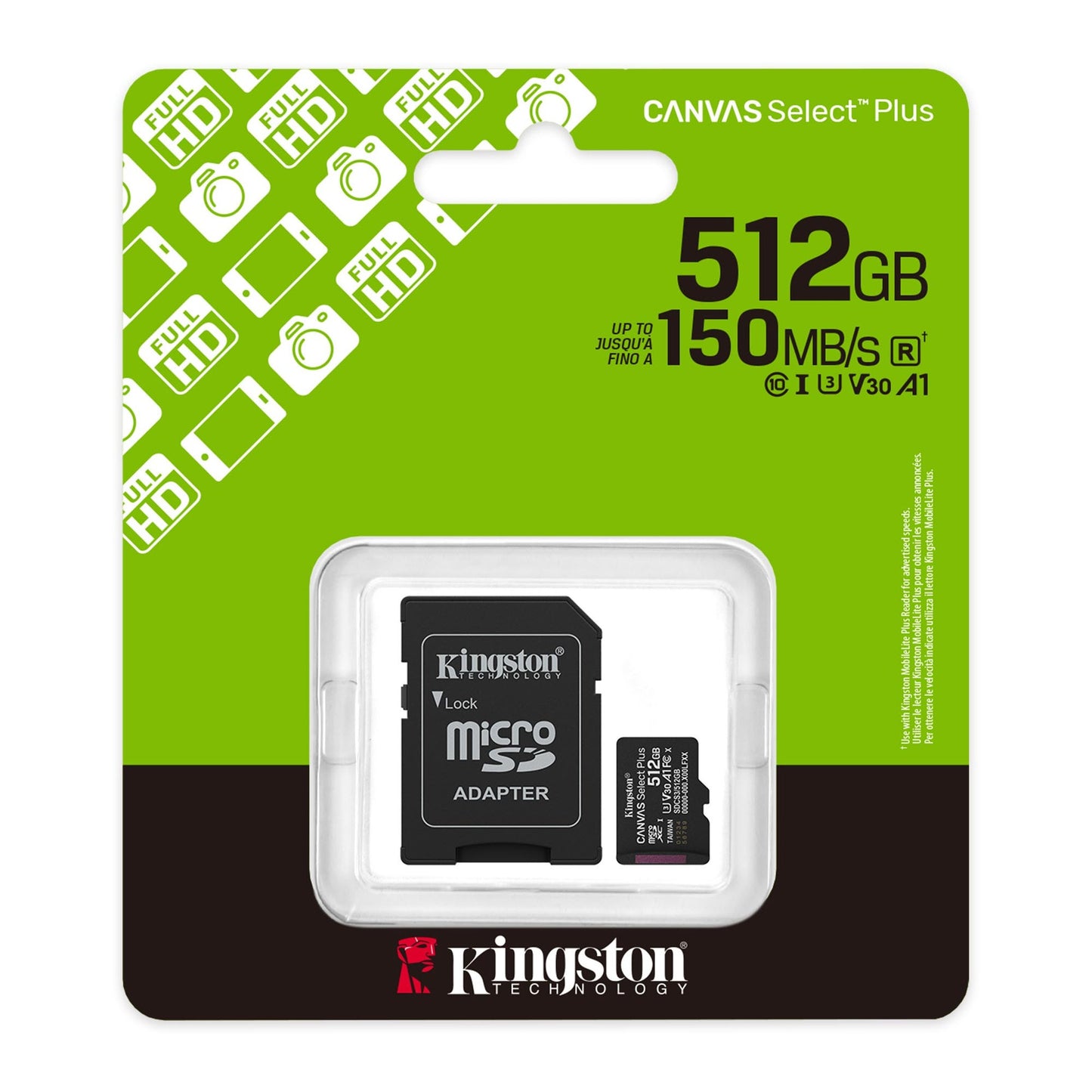 Kingston 512GB microSDXC Canvas Select Plus Gen3 150MB/s A1 Card + Adapter - 15-15110
