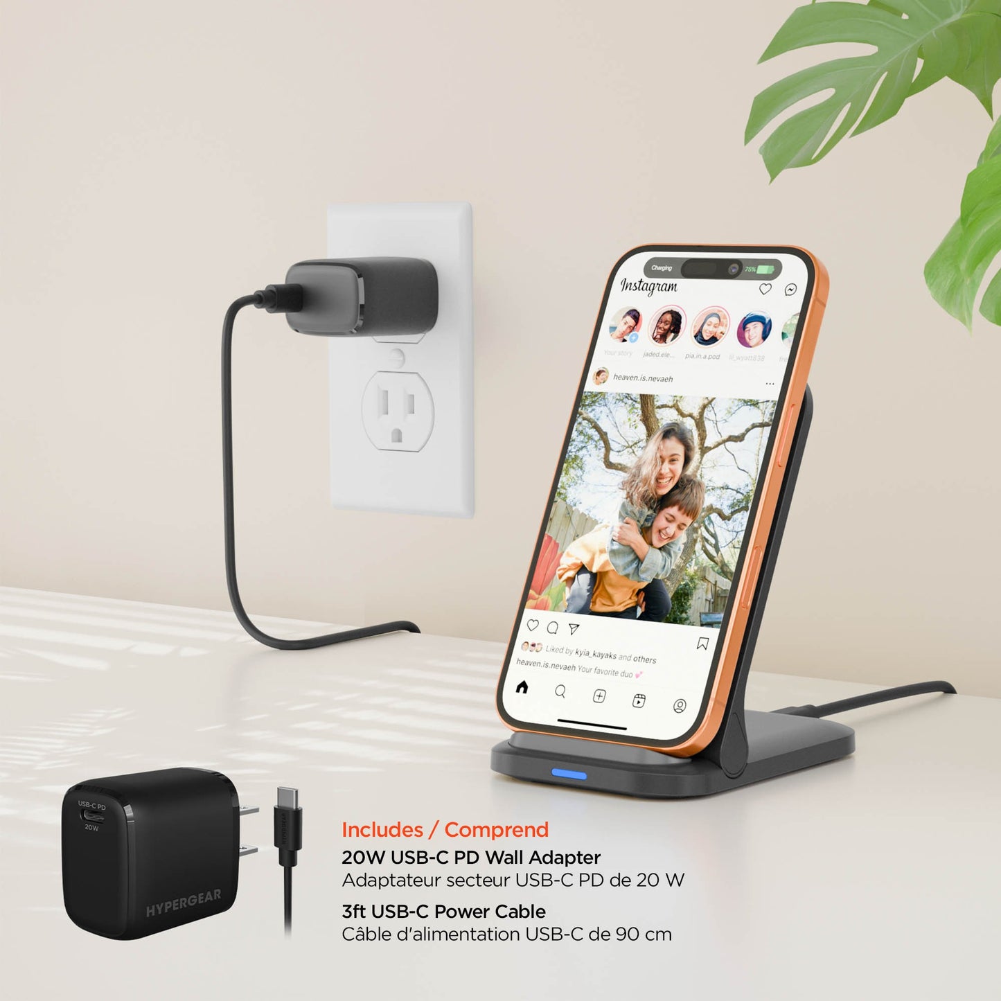 HyperGear 15W Fast Charge Foldable Wireless Charger Desktop Stand w/ Wall Charger - 15-15442