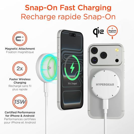 Hypergear 15W Qi2 MaxCharge MagSafe Wireless Magnetic Charger w/ Connected USB-C PD Cable - 15-15451