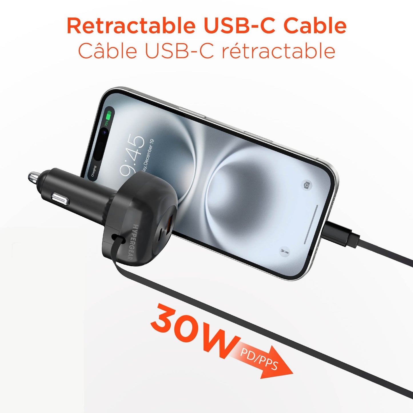 HyperGear SpeedBoost 30W 3-in-1 Fast Car Charger CLA with Retractable USB-C PD Cable - 15-15455