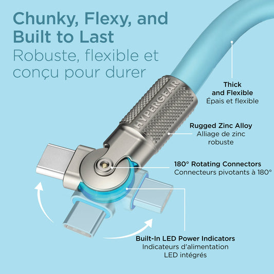 HyperGear 6 ft. 180cm USB-C to USB-C Chunky 180 Rugged Cable w/Rotating Connectors - Blue - 15-15460